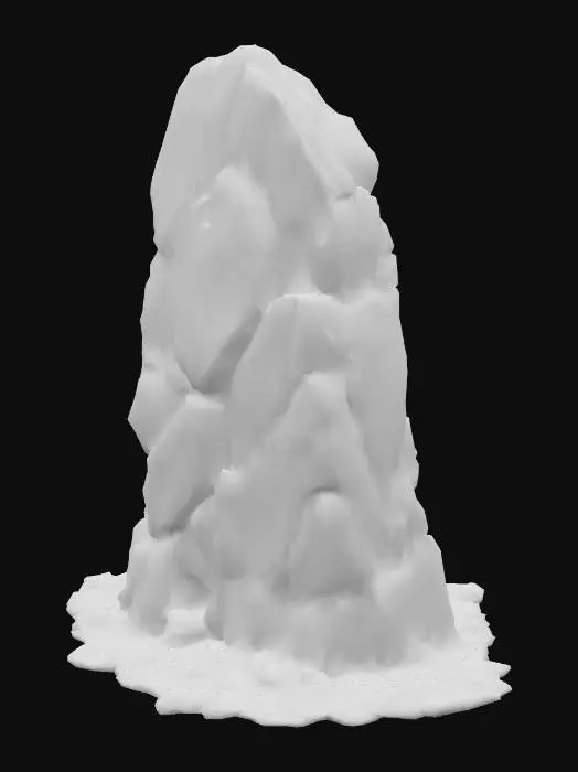 3D model for A tall mound of dark basalt rubble, composed of fine-grained, sharp-edged stones. Their surface is rough and porous, with deep black and dark grey hues. Some stones exhibit a slight glossy sheen on fresh breaks, contrasting with the overall matte, dusty mass, giving the pile a dense, heavy texture. The fragments are tightly packed, forming a cohesive yet jagged structure.