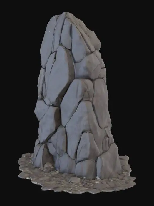 3D model for A tall mound of dark basalt rubble, composed of fine-grained, sharp-edged stones. Their surface is rough and porous, with deep black and dark grey hues. Some stones exhibit a slight glossy sheen on fresh breaks, contrasting with the overall matte, dusty mass, giving the pile a dense, heavy texture. The fragments are tightly packed, forming a cohesive yet jagged structure.