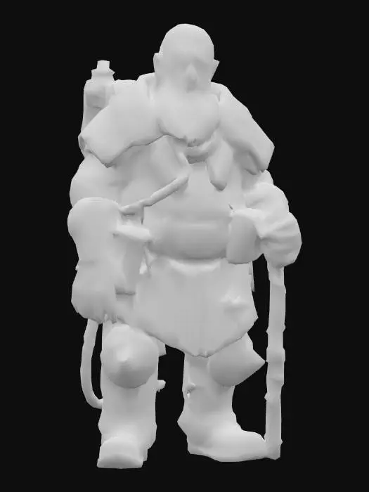 3D model for A sturdy dwarf miner in bulky, worn carbon steel armor with orange accents and numerous scratches. His braided beard is covered in dust, and his face bears a grim, determined expression. A massive drill pack with mechanical drills protrudes from his broad back, ready for action. His hands are clad in thick gloves with reinforced knuckles.