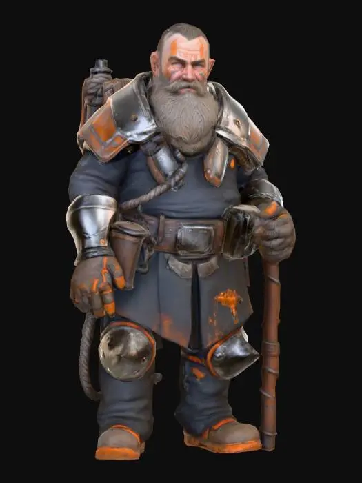 3D model for A sturdy dwarf miner in bulky, worn carbon steel armor with orange accents and numerous scratches. His braided beard is covered in dust, and his face bears a grim, determined expression. A massive drill pack with mechanical drills protrudes from his broad back, ready for action. His hands are clad in thick gloves with reinforced knuckles.