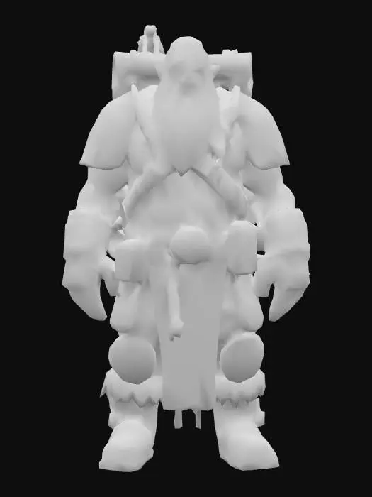 3D model for A sturdy dwarf miner in bulky, worn carbon steel armor with orange accents and numerous scratches. His braided beard is covered in dust, and his face bears a grim, determined expression. A massive drill pack with mechanical drills protrudes from his broad back, ready for action. His hands are clad in thick gloves with reinforced knuckles.