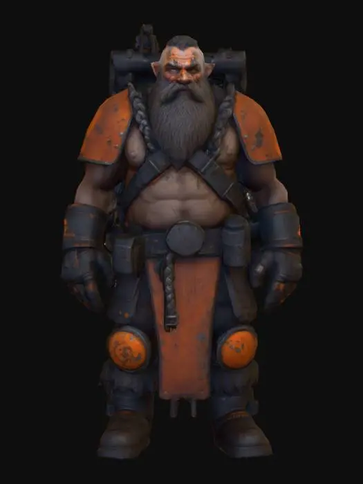 3D model for A sturdy dwarf miner in bulky, worn carbon steel armor with orange accents and numerous scratches. His braided beard is covered in dust, and his face bears a grim, determined expression. A massive drill pack with mechanical drills protrudes from his broad back, ready for action. His hands are clad in thick gloves with reinforced knuckles.