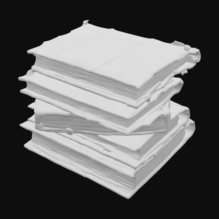 3D model for A disordered stack of ancient folios, haphazardly piled on top of each other. These massive books feature thick leather bindings in green, red, and dark purple hues. The leather is deeply scuffed, with cracks and visible scratches, and some areas are faded from age. Traces of intricate gold embossing, almost worn away, are visible on the spines. The page edges are thick, heavily yellowed, and slightly brittle, conveying a sense of antiquity. The stack feels heavy with the cool, uneven texture of aged leather.