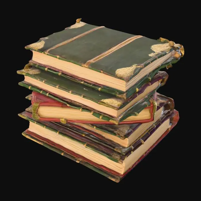 3D model for A disordered stack of ancient folios, haphazardly piled on top of each other. These massive books feature thick leather bindings in green, red, and dark purple hues. The leather is deeply scuffed, with cracks and visible scratches, and some areas are faded from age. Traces of intricate gold embossing, almost worn away, are visible on the spines. The page edges are thick, heavily yellowed, and slightly brittle, conveying a sense of antiquity. The stack feels heavy with the cool, uneven texture of aged leather.