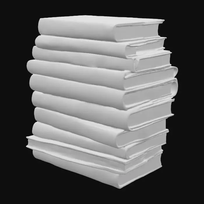 3D model for A disordered stack of ancient folios, haphazardly piled on top of each other. These massive books feature thick leather bindings in green, red, and dark purple hues. The leather is deeply scuffed, with cracks and visible scratches, and some areas are faded from age. Traces of intricate gold embossing, almost worn away, are visible on the spines. The page edges are thick, heavily yellowed, and slightly brittle, conveying a sense of antiquity. The stack feels heavy with the cool, uneven texture of aged leather.