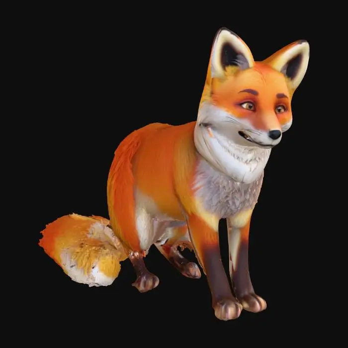 3D model for Mid-poly 3D fantasy cartoon fox (3K–5K polys), cute & friendly, big head, large ears, fluffy tail w/ white tip, rich orange-red fur, white chest/paws, amber glossy eyes, slight smile. Include scarf or satchel (separate mesh). Textures 2048x2048 (albedo, normal, roughness), soft fur look. Fully rigged for walk/run/idle/jump, tail/ears secondary bones. Clean topology, quads preferred. Export FBX+OBJ+GLB, w/ textures. Style mix of Zootopia + Animal Crossing, warm lighting, neutral bg.