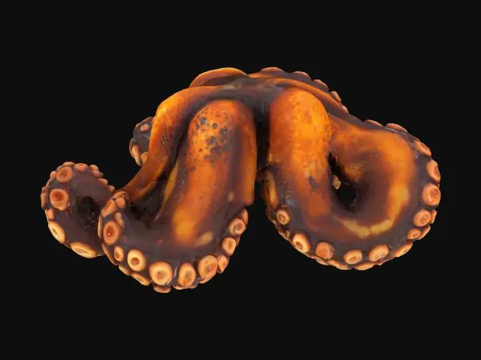 3D model for close-up of a rugged octopus tentacle, thick and powerful, torn suction cups, deep scars, subsurface scattering skin (RGB 180,90,80), slime and ocean residue, glowing regenerated tip, rust stains, moist reflective surface, photorealistic, 8K normal map, dynamic ink mask, asymmetrical damage, cinematic lighting, hyperrealistic texture, wet gloss, deep sea creature, AAA game model reference