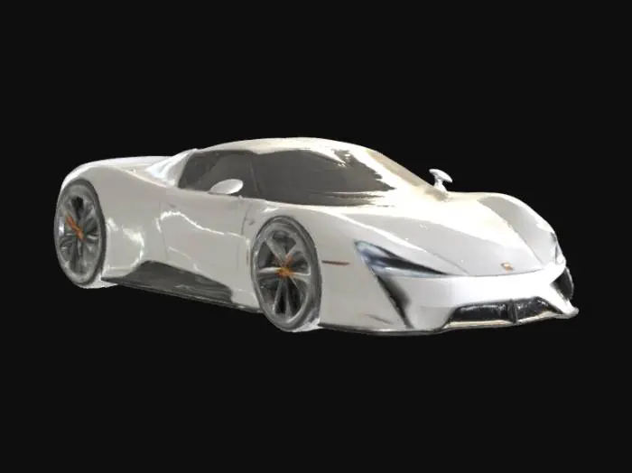 3D model for 一輛流線型氣動跑車，車身極為低矮，猶如設計師筆下的概念草圖實體化。其形態嚴謹遵循流體力學原理，表面呈現無縫的空氣動力學曲線。車體由啞光淺灰色複合材料構成，細節處隱約可見精巧的結構線條，賦予其獨特的藝術感。該車底部搭載磁懸浮單元，取代傳統車輪，使其呈現懸浮狀態。整體表面觸感應當是光滑中帶有一絲紙質般的精緻。