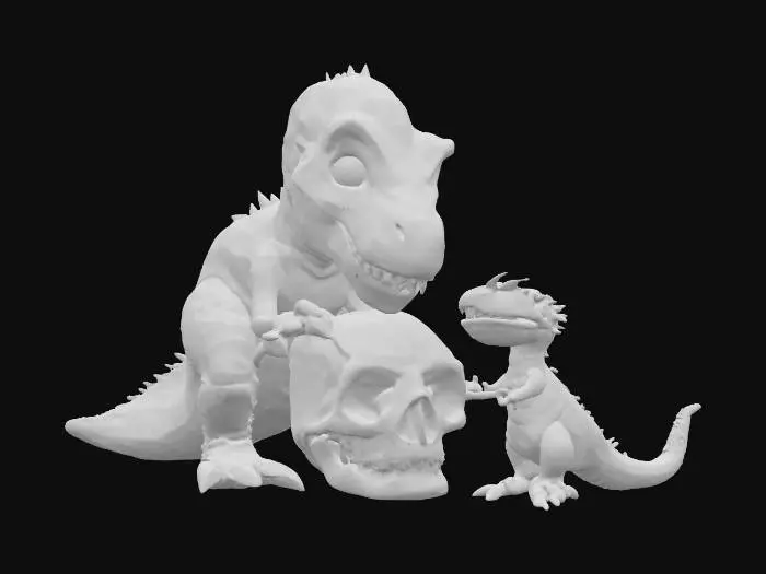 3D model for 活到現代的恐龍帶著小恐龍參觀人類頭骨化石