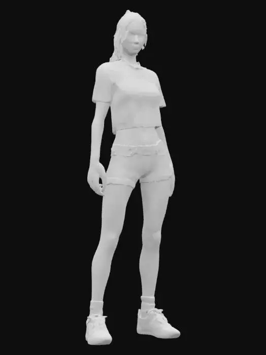 3D model for  Young woman, pretty, skimpy t-shirt, skimpy shorts, trainers, socks, ultra detailed body, high detailed face, high definition, defined eyes, hard edges, angular, sharp, defined, ponytail hair