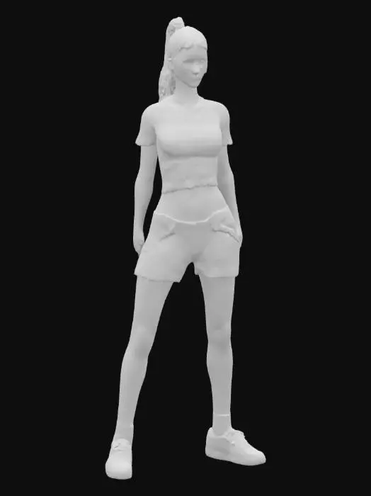 3D model for  Young woman, pretty, skimpy t-shirt, skimpy shorts, trainers, socks, ultra detailed body, high detailed face, high definition, defined eyes, hard edges, angular, sharp, defined, ponytail hair