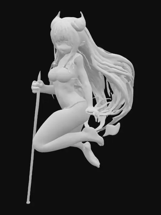 3D model for 粉色長髮動漫女孩 大眼睛 比基 尼 小惡魔尾巴 尾巴尖端是愛心形狀 魅魔 漂浮 緊緻身材 手拿黑色三叉戟 