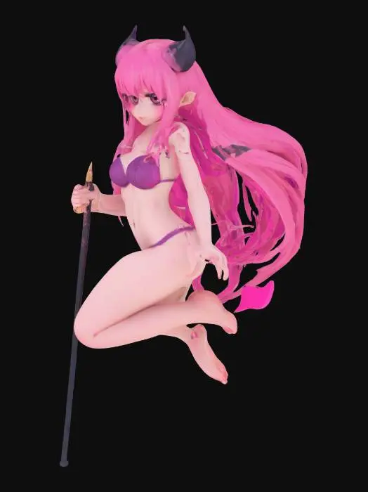 3D model for 粉色長髮動漫女孩 大眼睛 比基 尼 小惡魔尾巴 尾巴尖端是愛心形狀 魅魔 漂浮 緊緻身材 手拿黑色三叉戟 