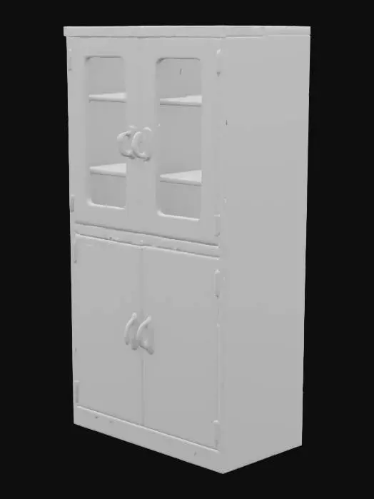 3D model for 一個堅固的灰色鐵製公文櫃，具有筆直、實用的矩形結構。其上半部分由兩扇帶玻璃窗的雙開門構成，玻璃表面光滑透明，而下半部分則是由兩扇不透明的實心鐵門組成，鐵質表面呈現均勻的灰色塗層，觸感可能冰冷且堅硬。整體外觀簡潔，線條分明，展現出耐用且工業風格的特點。