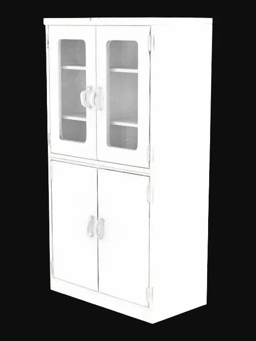 3D model for 一個堅固的灰色鐵製公文櫃，具有筆直、實用的矩形結構。其上半部分由兩扇帶玻璃窗的雙開門構成，玻璃表面光滑透明，而下半部分則是由兩扇不透明的實心鐵門組成，鐵質表面呈現均勻的灰色塗層，觸感可能冰冷且堅硬。整體外觀簡潔，線條分明，展現出耐用且工業風格的特點。