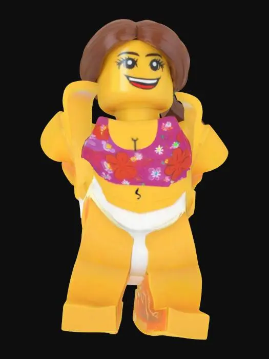 3D model for 一位由樂高積木構成的運動員女孩，擁有標誌性的黃色圓柱形手臂和腿，以及方塊狀的身體。她身穿塑膠感十足的短版T恤與熱褲，衣物顏色鮮明而單一，表面光滑帶有樂高特有的光澤。短髮呈現為固定的塑膠髮型部件，雙手可旋轉地插於腰間。整體造型清晰，由可拼湊的部件組成，質感堅硬而輕盈。