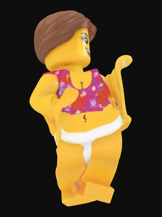 3D model for 一位由樂高積木構成的運動員女孩，擁有標誌性的黃色圓柱形手臂和腿，以及方塊狀的身體。她身穿塑膠感十足的短版T恤與熱褲，衣物顏色鮮明而單一，表面光滑帶有樂高特有的光澤。短髮呈現為固定的塑膠髮型部件，雙手可旋轉地插於腰間。整體造型清晰，由可拼湊的部件組成，質感堅硬而輕盈。