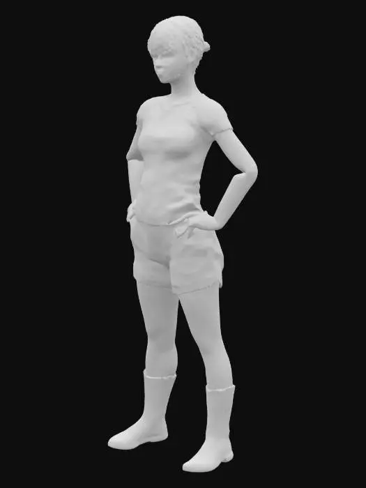 3D model for 一位體態健美的運動員女孩，身穿淺色合身短版T恤和深色熱褲，展現出健康的肌肉線條與D罩杯的豐滿身形。她的短髮整齊而有活力，雙手叉腰，姿態自信。衣物材質看似柔軟透氣，貼合身體曲線，營造出流暢動感的外觀。整體視覺效果是充滿力量感和青春活力的。