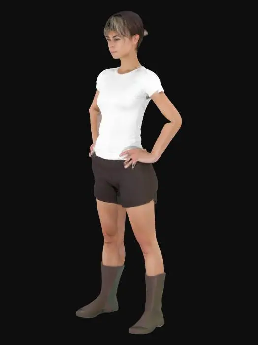 3D model for 一位體態健美的運動員女孩，身穿淺色合身短版T恤和深色熱褲，展現出健康的肌肉線條與D罩杯的豐滿身形。她的短髮整齊而有活力，雙手叉腰，姿態自信。衣物材質看似柔軟透氣，貼合身體曲線，營造出流暢動感的外觀。整體視覺效果是充滿力量感和青春活力的。