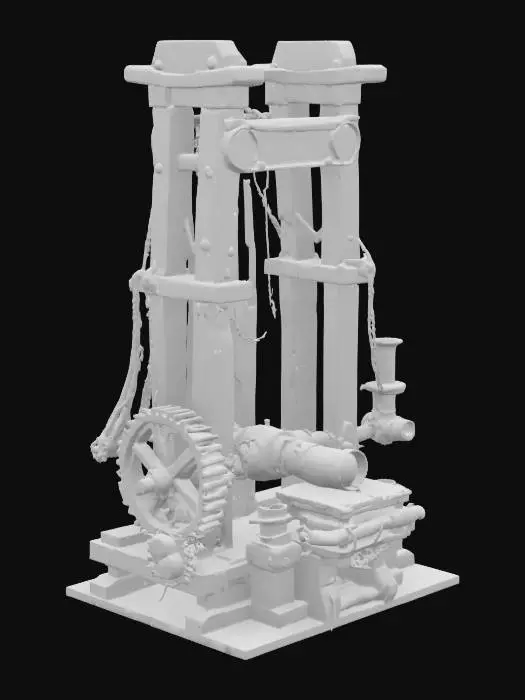 3D model for 一台史詩級、高聳入雲的中世紀3D列印機，其骨架由堅實、佈滿符文刻痕的古老橡木搭建，邊緣鑲嵌厚重鐵箍，飽經風霜的木紋間滲透著苔蘚與泥土的氣息。巨大的磨損水車緩慢轉動，驅動著複雜的黃銅與生鏽鐵質齒輪系統。加熱裝置為一個熾熱的矮胖熔爐，爐口隱約可見橘紅色火光，周圍的粗糙銅管因高溫而變色，連接部分則用堅韌麻繩與鐵鍊緊密捆綁。
