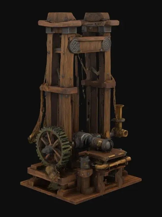 3D model for 一台史詩級、高聳入雲的中世紀3D列印機，其骨架由堅實、佈滿符文刻痕的古老橡木搭建，邊緣鑲嵌厚重鐵箍，飽經風霜的木紋間滲透著苔蘚與泥土的氣息。巨大的磨損水車緩慢轉動，驅動著複雜的黃銅與生鏽鐵質齒輪系統。加熱裝置為一個熾熱的矮胖熔爐，爐口隱約可見橘紅色火光，周圍的粗糙銅管因高溫而變色，連接部分則用堅韌麻繩與鐵鍊緊密捆綁。