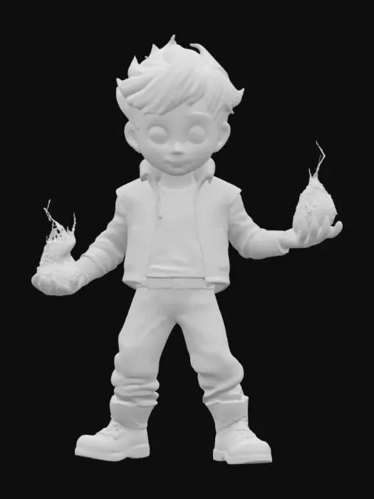 3D model for 少年覺醒超能力 左手掌上有火焰 右手散發藍色寒氣冰霜 右腳包圍雷電 左腳化為金屬 狂妄自大的表情與動作