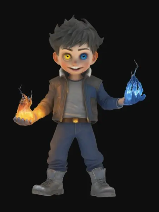 3D model for 少年覺醒超能力 左手掌上有火焰 右手散發藍色寒氣冰霜 右腳包圍雷電 左腳化為金屬 狂妄自大的表情與動作