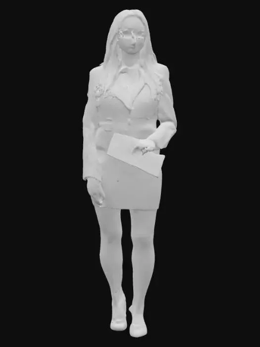 3D model for 一個擁有優雅歐美特徵的秘書3D模型，她身著剪裁合身的短裙制服，制服材質光滑挺括，俐落地襯托出她纖細的腰身、豐滿的胸部與渾圓的臀部曲線。一頭柔順的長髮整齊地披散或紮起，配戴著一副簡約的細框眼鏡，鏡架材質呈現金屬光澤。她的手輕巧地握著一份文件，文件表面平整，帶有紙張的輕微紋理。模型整體姿態專業且優雅，展現出自信的氣質。