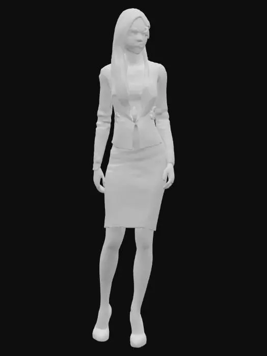 3D model for 一個擁有優雅歐美特徵的秘書3D模型，她身著剪裁合身的短裙制服，制服材質光滑挺括，俐落地襯托出她纖細的腰身、豐滿的胸部與渾圓的臀部曲線。一頭柔順的長髮整齊地披散或紮起，配戴著一副簡約的細框眼鏡，鏡架材質呈現金屬光澤。她的手輕巧地握著一份文件，文件表面平整，帶有紙張的輕微紋理。模型整體姿態專業且優雅，展現出自信的氣質。
