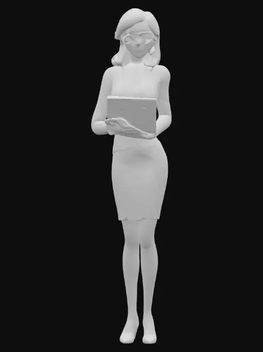 3D model for 一個擁有優雅歐美特徵的秘書3D模型，她身著剪裁合身的短裙制服，制服材質光滑挺括，俐落地襯托出她纖細的腰身、豐滿的胸部與渾圓的臀部曲線。一頭柔順的長髮整齊地披散或紮起，配戴著一副簡約的細框眼鏡，鏡架材質呈現金屬光澤。她的手輕巧地握著一份文件，文件表面平整，帶有紙張的輕微紋理。模型整體姿態專業且優雅，展現出自信的氣質。