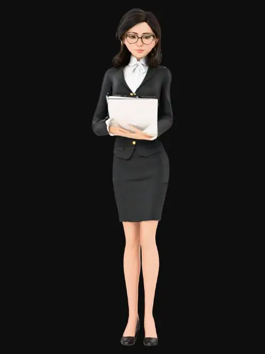 3D model for 一個擁有優雅歐美特徵的秘書3D模型，她身著剪裁合身的短裙制服，制服材質光滑挺括，俐落地襯托出她纖細的腰身、豐滿的胸部與渾圓的臀部曲線。一頭柔順的長髮整齊地披散或紮起，配戴著一副簡約的細框眼鏡，鏡架材質呈現金屬光澤。她的手輕巧地握著一份文件，文件表面平整，帶有紙張的輕微紋理。模型整體姿態專業且優雅，展現出自信的氣質。