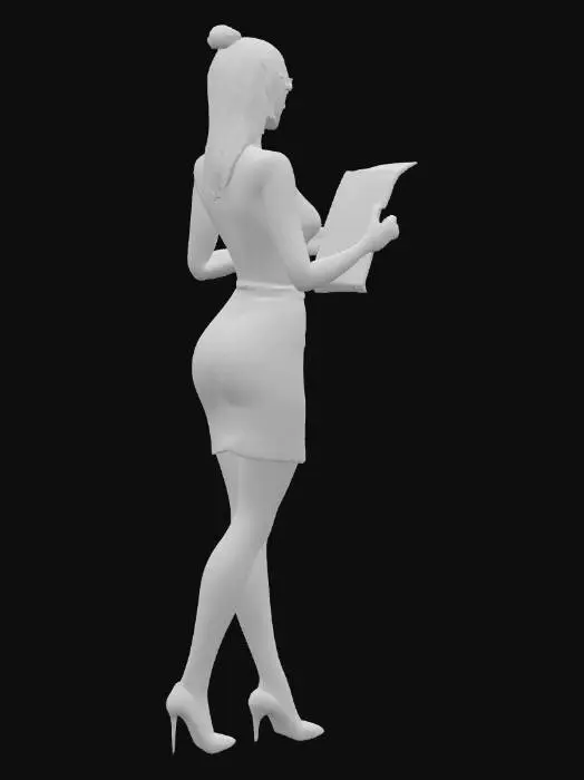 3D model for 一個擁有優雅歐美特徵的秘書3D模型，她身著剪裁合身的超短裙情趣制服，制服材質光滑挺括，俐落地襯托出她纖細的腰身、豐滿的胸部與渾圓的臀部曲線。一頭柔順的長髮整齊地披散或紮起，配戴著一副簡約的細框眼鏡，鏡架材質呈現金屬光澤。她的手輕巧地握著一份文件，文件表面平整，帶有紙張的輕微紋理。模型整體姿態專業且優雅，展現出自信的氣質。