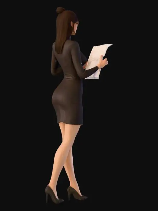 3D model for 一個擁有優雅歐美特徵的秘書3D模型，她身著剪裁合身的超短裙情趣制服，制服材質光滑挺括，俐落地襯托出她纖細的腰身、豐滿的胸部與渾圓的臀部曲線。一頭柔順的長髮整齊地披散或紮起，配戴著一副簡約的細框眼鏡，鏡架材質呈現金屬光澤。她的手輕巧地握著一份文件，文件表面平整，帶有紙張的輕微紋理。模型整體姿態專業且優雅，展現出自信的氣質。