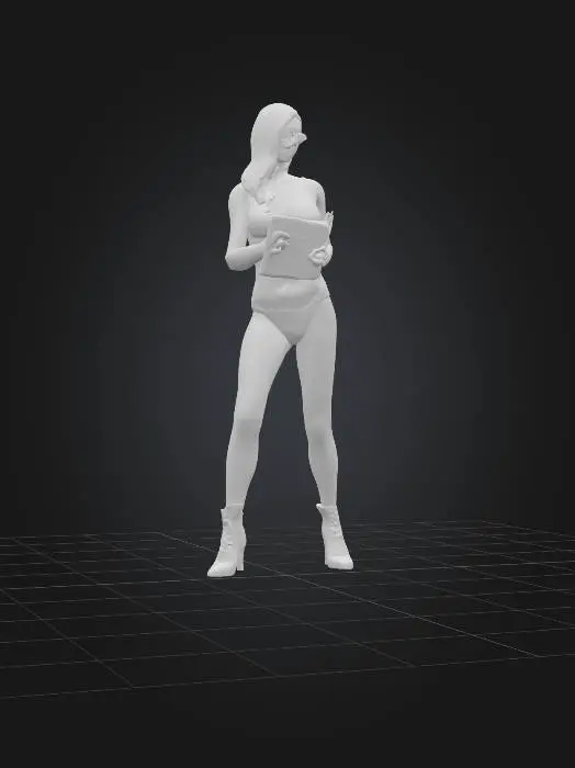 3D model for 一個擁有優雅歐美特徵的秘書3D模型，她身著情趣內衣，制服材質光滑挺括，俐落地襯托出她纖細的腰身、豐滿的胸部與渾圓的臀部曲線。一頭柔順的長髮整齊地披散或紮起，配戴著一副簡約的細框眼鏡，鏡架材質呈現金屬光澤。她的手輕巧地握著一份文件，文件表面平整，帶有紙張的輕微紋理。模型整體姿態專業且優雅，展現出自信的氣質。