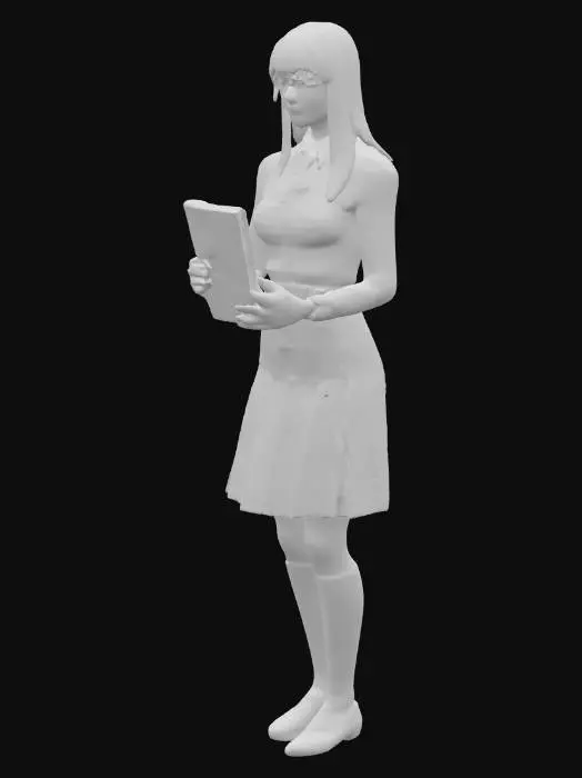 3D model for 一個擁有優雅歐美特徵的秘書3D模型，她身著日本高中生制服，制服材質光滑挺括，俐落地襯托出她纖細的腰身、豐滿的胸部與渾圓的臀部曲線。一頭柔順的短黑髮齊肩，配戴著一副簡約的細框眼鏡，鏡架材質呈現金屬光澤。她的手輕巧地握著一份文件，文件表面平整，帶有紙張的輕微紋理。模型整體姿態專業且優雅，展現出自信的氣質。