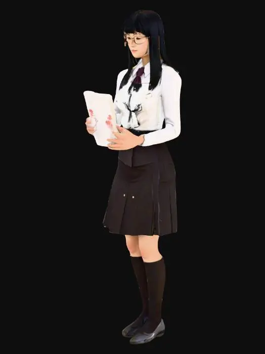 3D model for 一個擁有優雅歐美特徵的秘書3D模型，她身著日本高中生制服，制服材質光滑挺括，俐落地襯托出她纖細的腰身、豐滿的胸部與渾圓的臀部曲線。一頭柔順的短黑髮齊肩，配戴著一副簡約的細框眼鏡，鏡架材質呈現金屬光澤。她的手輕巧地握著一份文件，文件表面平整，帶有紙張的輕微紋理。模型整體姿態專業且優雅，展現出自信的氣質。