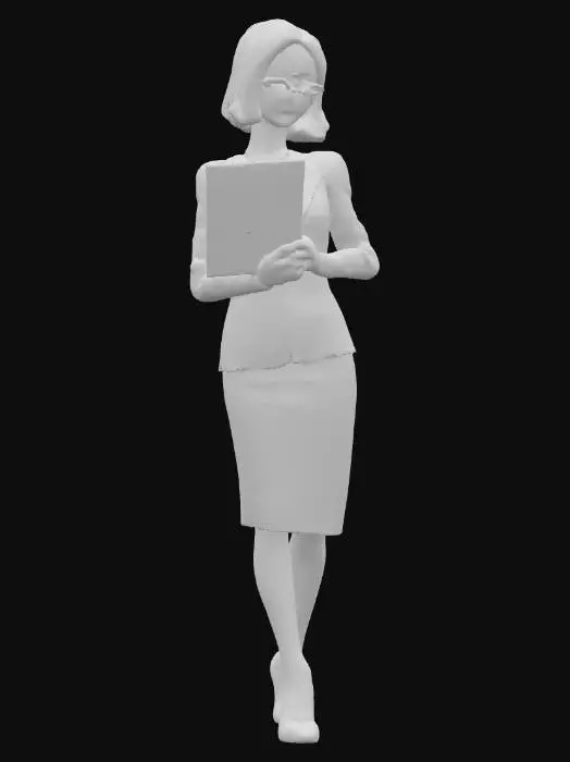 3D model for 一個擁有優雅歐美特徵的秘書3D模型，她身著日本高中生制服，制服材質光滑挺括，俐落地襯托出她纖細的腰身、豐滿的胸部與渾圓的臀部曲線。一頭柔順的短黑髮齊肩，配戴著一副簡約的細框眼鏡，鏡架材質呈現金屬光澤。她的手輕巧地握著一份文件，文件表面平整，帶有紙張的輕微紋理。模型整體姿態專業且優雅，展現出自信的氣質。