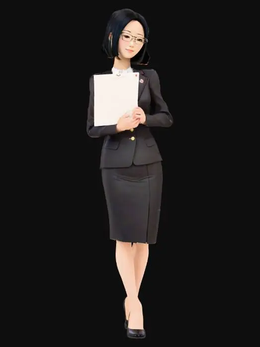 3D model for 一個擁有優雅歐美特徵的秘書3D模型，她身著日本高中生制服，制服材質光滑挺括，俐落地襯托出她纖細的腰身、豐滿的胸部與渾圓的臀部曲線。一頭柔順的短黑髮齊肩，配戴著一副簡約的細框眼鏡，鏡架材質呈現金屬光澤。她的手輕巧地握著一份文件，文件表面平整，帶有紙張的輕微紋理。模型整體姿態專業且優雅，展現出自信的氣質。