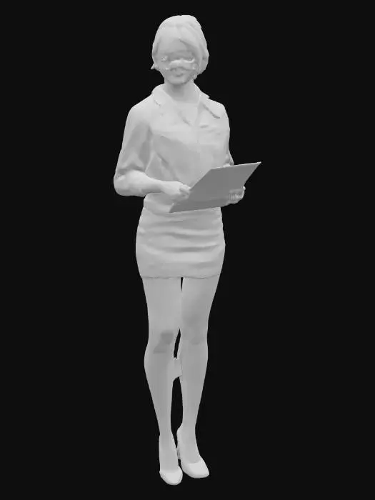 3D model for 一個擁有優雅歐美特徵的秘書3D模型，她身著日本高中生制服，搭配幾乎露出臀部的超短裙，制服材質光滑挺括，俐落地襯托出她纖細的腰身、豐滿的胸部與渾圓的臀部曲線。一頭柔順的短黑髮齊肩，配戴著一副簡約的細框眼鏡，鏡架材質呈現金屬光澤。她的手輕巧地握著一份文件，文件表面平整，帶有紙張的輕微紋理。模型整體姿態專業且優雅，展現出自信的氣質。