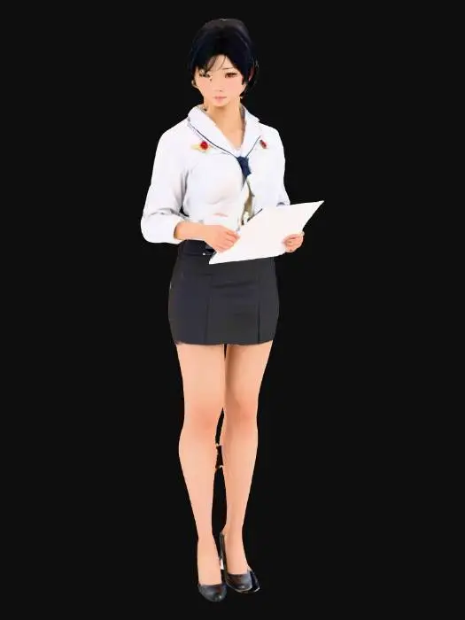 3D model for 一個擁有優雅歐美特徵的秘書3D模型，她身著日本高中生制服，搭配幾乎露出臀部的超短裙，制服材質光滑挺括，俐落地襯托出她纖細的腰身、豐滿的胸部與渾圓的臀部曲線。一頭柔順的短黑髮齊肩，配戴著一副簡約的細框眼鏡，鏡架材質呈現金屬光澤。她的手輕巧地握著一份文件，文件表面平整，帶有紙張的輕微紋理。模型整體姿態專業且優雅，展現出自信的氣質。