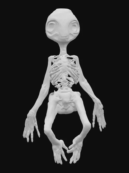 3D model for 一個外星人的3D模型，平躺在一個冰冷、光滑的金屬解剖台上，呈現出被精確檢視的狀態。其身軀細長，皮膚呈現一種蒼白的青灰色，表面光滑且略帶濕潤感。頭部比例較大，兩顆深邃的黑色杏仁狀眼睛緊閉。軀幹處有幾道清晰、筆直的切口，揭示出內部非人類的複雜器官結構，這些結構色彩獨特，可能呈現出深紫色或藍色的半透明質感，展現出高度異於地球生物的精密生理構造。