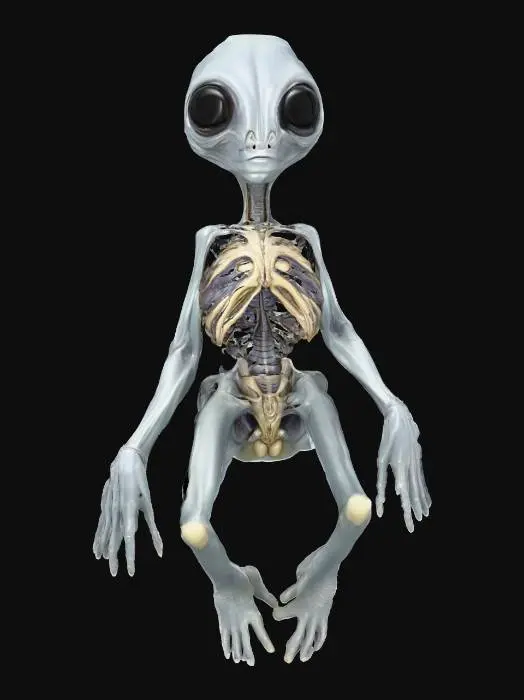 3D model for 一個外星人的3D模型，平躺在一個冰冷、光滑的金屬解剖台上，呈現出被精確檢視的狀態。其身軀細長，皮膚呈現一種蒼白的青灰色，表面光滑且略帶濕潤感。頭部比例較大，兩顆深邃的黑色杏仁狀眼睛緊閉。軀幹處有幾道清晰、筆直的切口，揭示出內部非人類的複雜器官結構，這些結構色彩獨特，可能呈現出深紫色或藍色的半透明質感，展現出高度異於地球生物的精密生理構造。