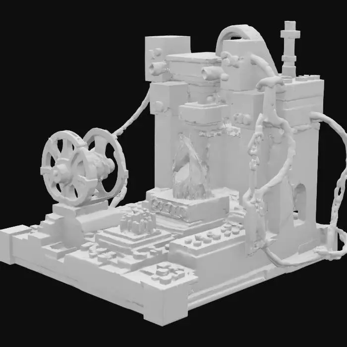 3D model for 一台由上萬塊積木拼砌而成的史詩級中世紀3D列印機。整體呈粗獷的樂高風格，大量棕色和灰色方塊積木構成其龐大機身，鉚釘清晰可見。巨大的樂高水車，由淺藍色與深灰色積木組裝，緩慢轉動。旁邊是橙紅色積木堆砌的燃燒小鐵爐，模擬火焰的透明積木散發光芒。傳動部分則用彎曲的黑色樂高軟管和鏈條搭建，細節處拼湊出磨損與粗糙感。
