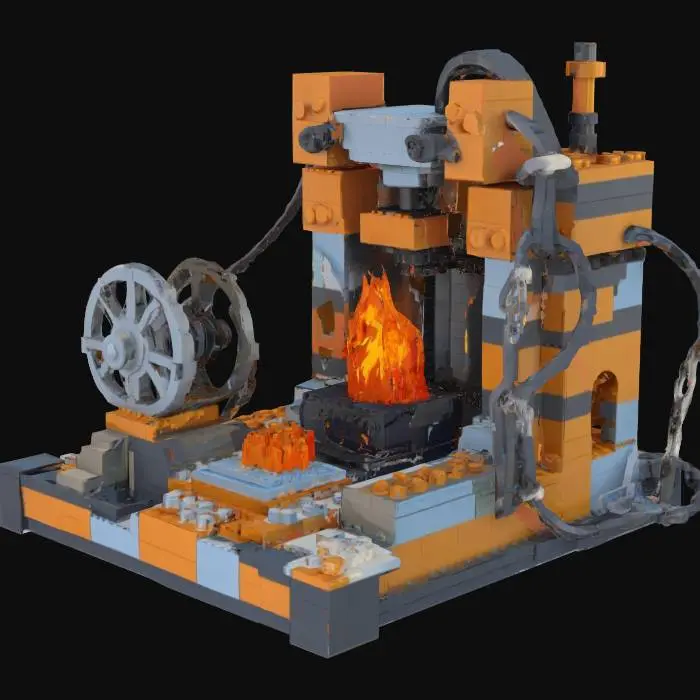 3D model for 一台由上萬塊積木拼砌而成的史詩級中世紀3D列印機。整體呈粗獷的樂高風格，大量棕色和灰色方塊積木構成其龐大機身，鉚釘清晰可見。巨大的樂高水車，由淺藍色與深灰色積木組裝，緩慢轉動。旁邊是橙紅色積木堆砌的燃燒小鐵爐，模擬火焰的透明積木散發光芒。傳動部分則用彎曲的黑色樂高軟管和鏈條搭建，細節處拼湊出磨損與粗糙感。