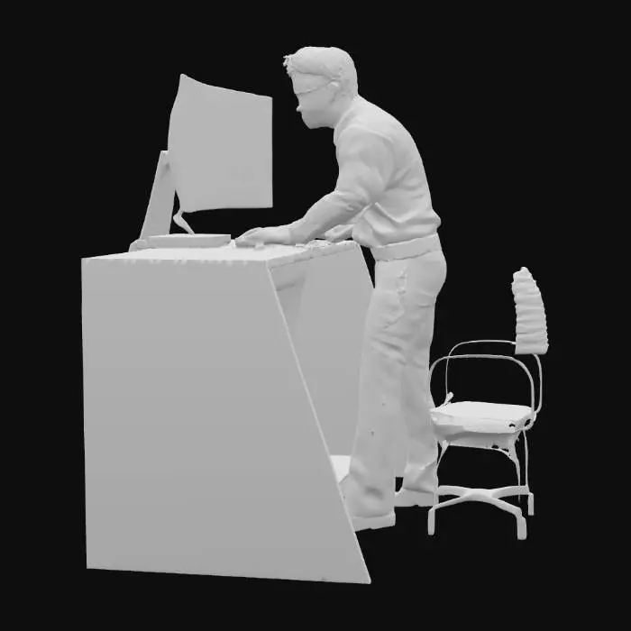 3D model for 一個坐在辦公桌前的上班族3D模型，身穿簡潔的商務襯衫和長褲，材質平整有型。他身體微微前傾，雙手輕放在鍵盤上，目光專注於前方的電腦螢幕。電腦顯示器外殼為簡潔的黑色或灰色塑膠，螢幕表面平滑，清晰地顯示著「meshy.ai」字樣，字體顏色突出，背景則可能是深色或程式介面。桌子是標準的辦公桌，表面光滑平坦，呈現木紋或單色質感。整個模型呈現出專注工作的姿態，細節精緻，色彩沉穩，營造出寫實的辦公場景氛圍。