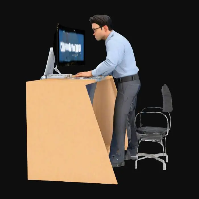 3D model for 一個坐在辦公桌前的上班族3D模型，身穿簡潔的商務襯衫和長褲，材質平整有型。他身體微微前傾，雙手輕放在鍵盤上，目光專注於前方的電腦螢幕。電腦顯示器外殼為簡潔的黑色或灰色塑膠，螢幕表面平滑，清晰地顯示著「meshy.ai」字樣，字體顏色突出，背景則可能是深色或程式介面。桌子是標準的辦公桌，表面光滑平坦，呈現木紋或單色質感。整個模型呈現出專注工作的姿態，細節精緻，色彩沉穩，營造出寫實的辦公場景氛圍。