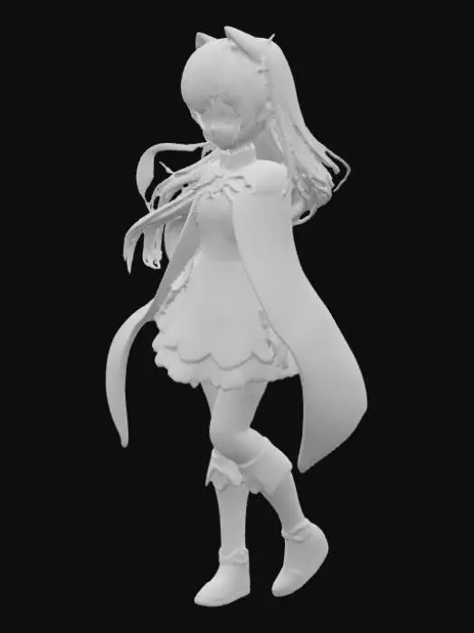 3D model for Anime-style girl inspired by Genshin Impact, around 16 years old, slender, elegant posture, cheerful and adventurous. Large expressive violet-lilac eyes, long eyelashes, soft blush, small pointed nose, gentle smile. Long silver-blue hair with gradient highlights, partially tied with a ribbon, some strands floating. Fantasy outfit: short pastel dress with gold embroidery, light cape, gloves, high boots with charms. Accessories: small pendant, magical hairpin, satchel with mystical motifs. Background: bright fantasy landscape, floating islands, soft sunlight, colorful flowers. Full-body, dynamic pose, detailed shading, soft lighting, cinematic composition, anime illustration style.