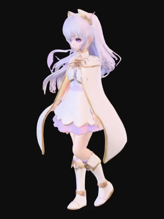 3D model for Anime-style girl inspired by Genshin Impact, around 16 years old, slender, elegant posture, cheerful and adventurous. Large expressive violet-lilac eyes, long eyelashes, soft blush, small pointed nose, gentle smile. Long silver-blue hair with gradient highlights, partially tied with a ribbon, some strands floating. Fantasy outfit: short pastel dress with gold embroidery, light cape, gloves, high boots with charms. Accessories: small pendant, magical hairpin, satchel with mystical motifs. Background: bright fantasy landscape, floating islands, soft sunlight, colorful flowers. Full-body, dynamic pose, detailed shading, soft lighting, cinematic composition, anime illustration style.