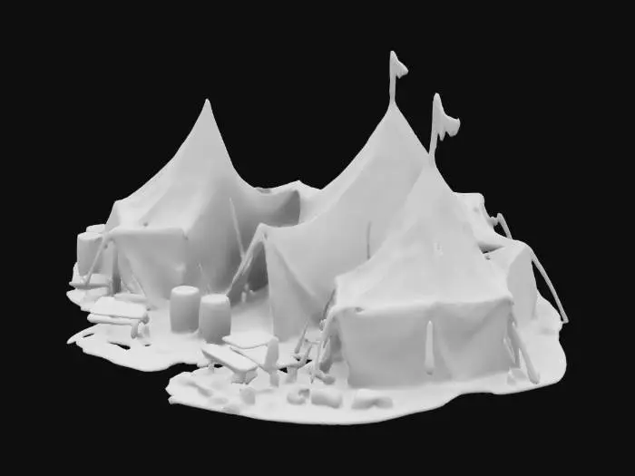 3D model for 3d asset for post apo survivers camp consits of few tents and some junks and randome furnitures