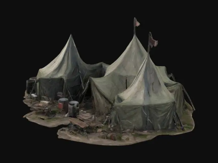 3D model for 3d asset for post apo survivers camp consits of few tents and some junks and randome furnitures
